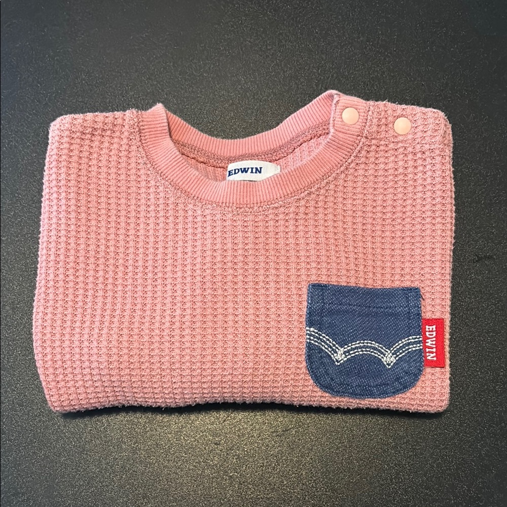 Edwin Pink Waffle Knit Kids Sweater with Denim Pocket